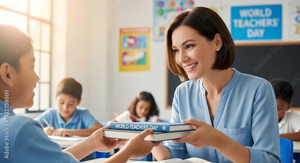 Fototapeta premium Teacher celebrating World Teachers' Day in a classroom, handing books to a student while others engage