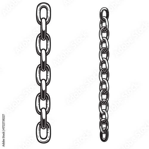 Detailed black and white vector illustrations depicting two different types of chains