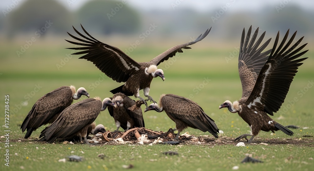 Fototapeta premium A group of vultures scavenging on a carcass in an open field with a blurred natural background