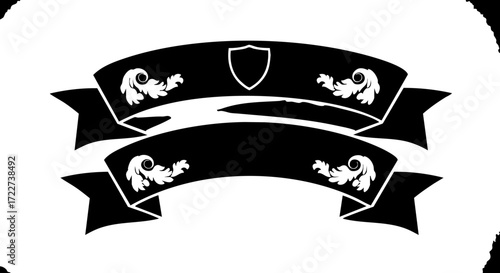 Elegant ornate banner with shield and scrolling flourishes for prestigious awards, seals, or decorative accents