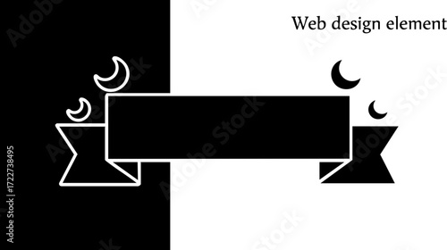 Elegant black and white ribbon banner with celestial moons, perfect for modern branding and design projects needing a touch of mystique and sophistication.