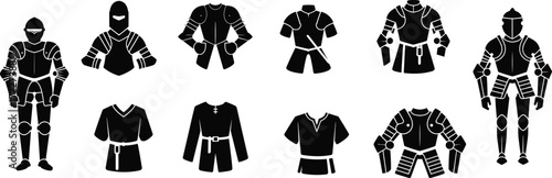 Silhouettes of medieval knight armor and tunics, historical protective gear, ancient battle costumes, warrior equipment, and medieval combat attire set.