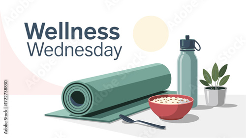 Wellness Wednesday Illustration Yoga Mat, Water Bottle, Healthy Bowl, and Plant Promoting Fitness, Nutrition, and Mental Health on a Bright, Clean Background