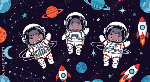 Cute astronaut hippos explore the cosmos among planets stars and rockets Fun kids space adventure