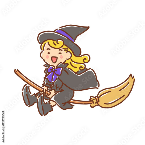 ほうきにまたがっている笑顔の魔女の女の子（フルカラー）