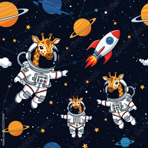 Cute astronaut giraffes explore the galaxy with planets and rockets perfect for kids designs