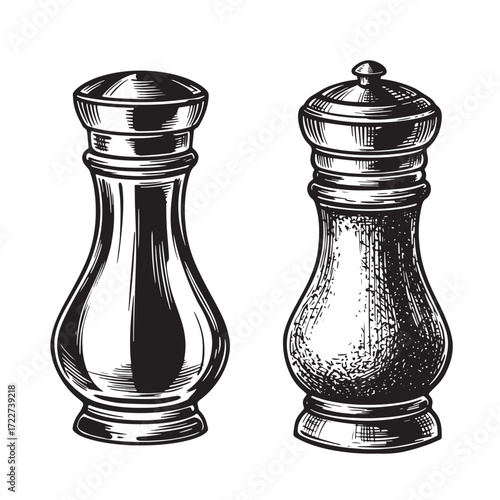 Elegant black and white engraved illustrations of classic salt and pepper shakers