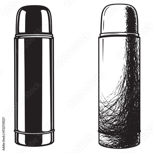 Detailed vector illustration of two thermos bottles in black and white outlines