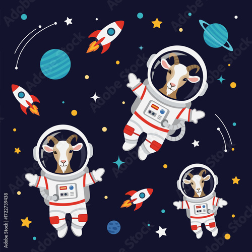 Whimsical cartoon goats in astronaut suits float in outer space with rockets planets and stars