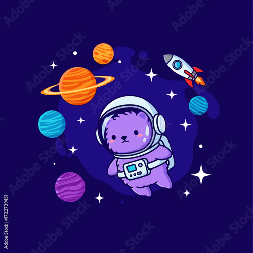 Cute astronaut bear floats through space with planets and rocket Childhood dreams and adventure