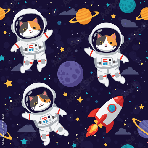 Cute astronaut cats explore outer space with rockets and planets Fun educational kids illustration
