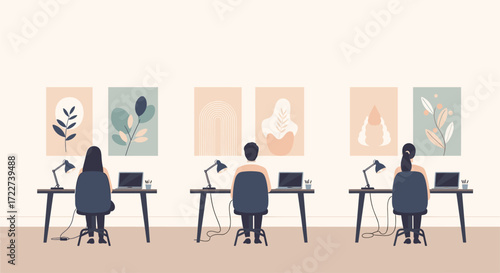 People Working at Desks in a Bright Office Space with Art on the Wall, Office Decor, Business Concept, Modern Workspace, Coworking Space