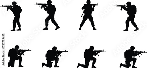 Silhouettes of armed soldiers in various shooting and kneeling combat poses, military tactical operation, army infantry warfare concept.