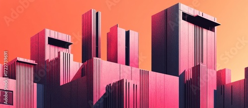 Vibrant Magenta Brutalist Cityscape Under a Glowing Orange Sunset Sky