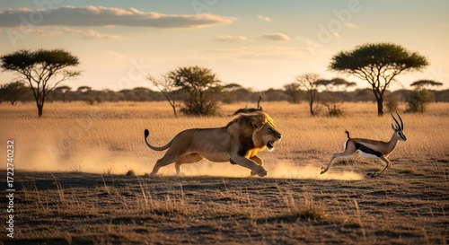 Majestic lion chasing a swift antelope across the savannah at sunset, showcasing nature's raw beauty
