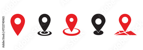Location pin icons set in red and black for gps map markers, navigation, travel direction and digital designs