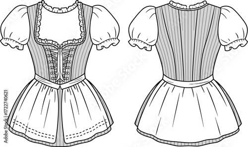 Traditional Bavarian dirndl dress front and back view, Alpine folk costume, German cultural fashion, Oktoberfest outfit, heritage clothing illustration