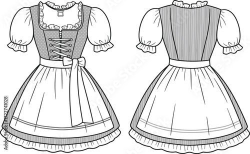 Traditional Bavarian Dirndl Dress Front and Back View, Classic German Folk Costume, Hand-Drawn Fashion Sketch, Cultural Heritage Outfit