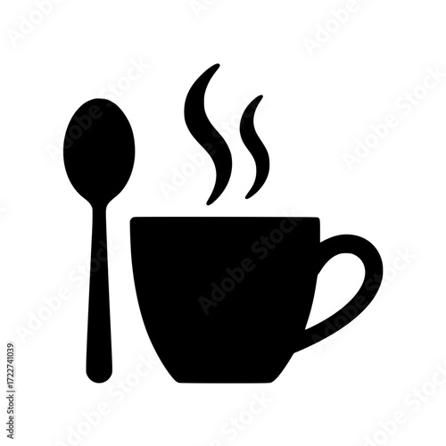 Minimalistic black silhouette of a steaming hot beverage cup with spoon