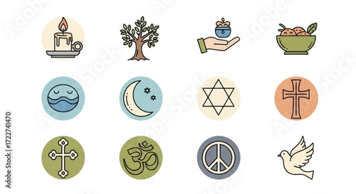 Collection of religious and cultural icons in a cohesive icon set