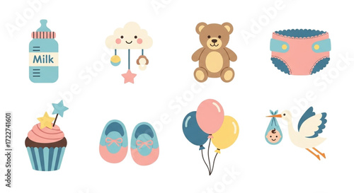 Baby shower icons, cute baby icon set for invitation and decoration