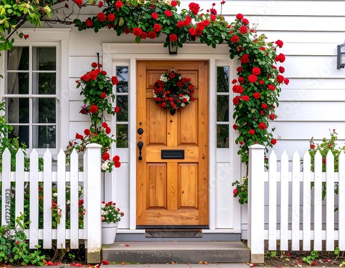 Charming white house with rose-covered porch