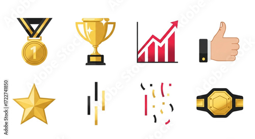 Winning and success celebration icon set with trophy, medal, star and award belt on white background