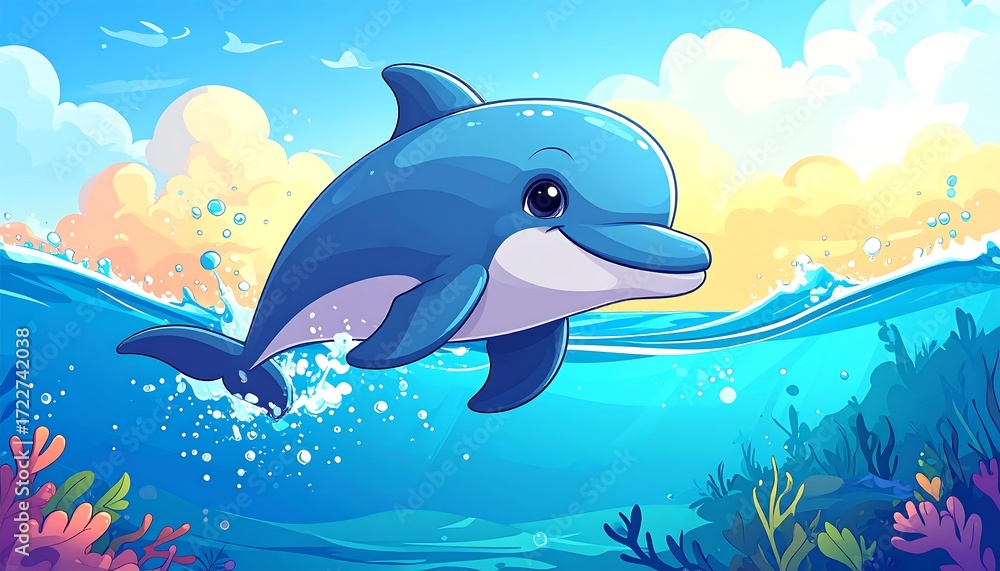 Obraz premium Playful dolphin leaps from ocean waves near coral