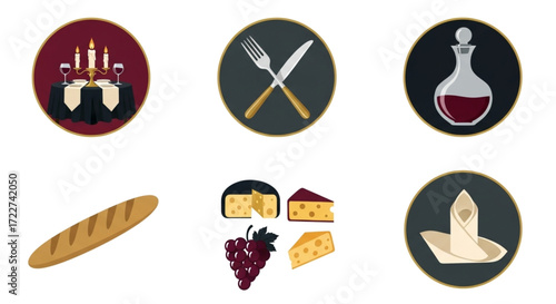 Set of food and drink related icons, including dining table, cutlery, wine decanter, baguette, cheese, and grapes