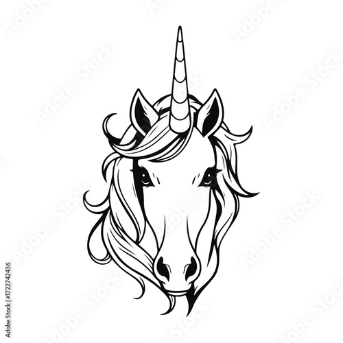 Unicorn head illustration, magical fantasy animal portrait, fairytale horse design, cute mythical creature artwork, children character symbol