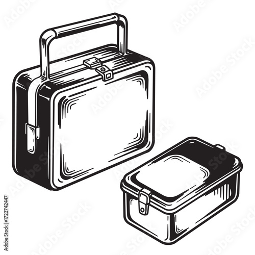 Hand drawn illustration of a vintage lunchbox with its smaller companion container in black and white