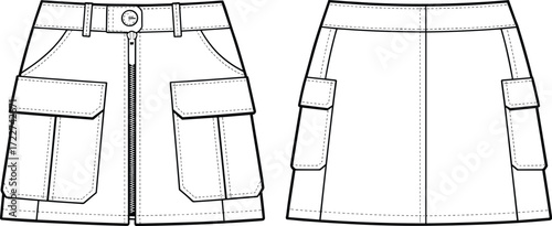 Trendy cargo mini skirt fashion flat sketch, front and back technical design illustration for apparel, clothing design, and textile industry