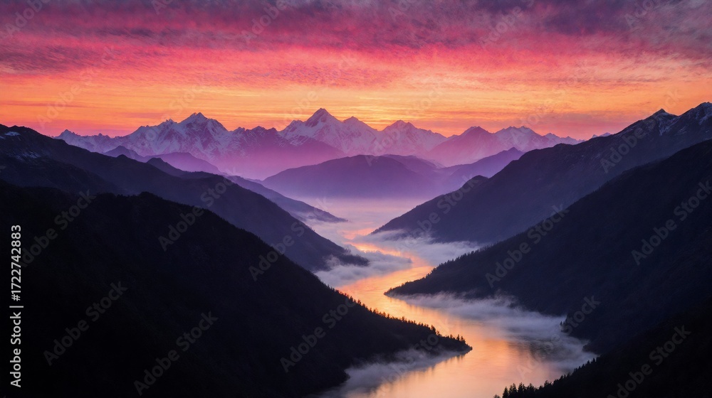 Obraz premium Vibrant mountain valley at dawn with misty river and colorful sky