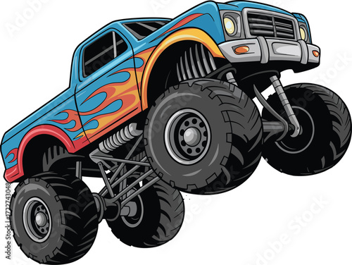 Colorful monster truck illustration with flame graphics, oversized tires, lifted suspension, perfect for automotive art, racing events, or kids' designs.