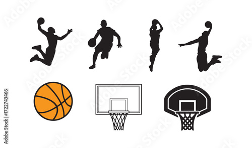 Basketball Icons Collection - Silhouettes of Players Jumping, Dribbling, and Shooting, Orange Ball, and Hoop Designs in Black and White Vector Set for Sports and Athletic Themes