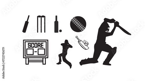 Cricket Icons Collection - Bat, Wickets, Ball, Scoreboard, Batting and Bowling Player Silhouettes in Black and White Vector Set for Sports Design