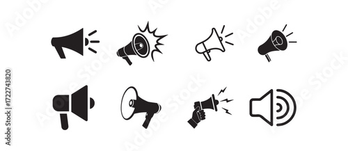 Megaphone Icons Collection - Various Black and White Vector Designs with Sound Waves, Hand-Held, and Burst Effects for Announcement and Alert Graphics