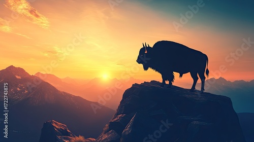 Majestic Bison Silhouette on a Cliff Overlooking a Golden Mountain Sunset