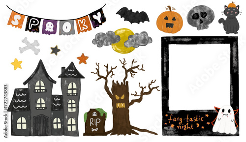 Set collection of spooky watercolour crayon halloween frame element design decoration scary haunted house party theme doodle kids illustration clipart sticker