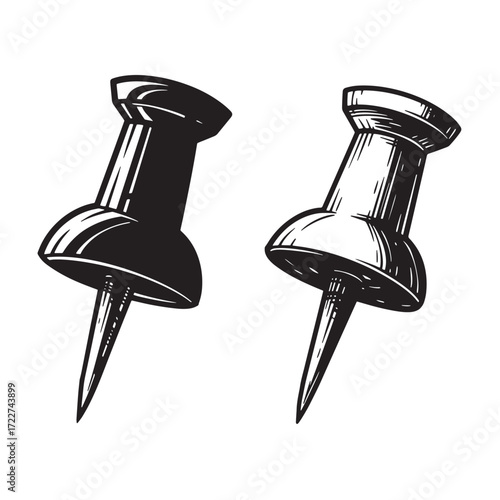 Hand drawn illustration of two vintage style push pins in contrasting tones