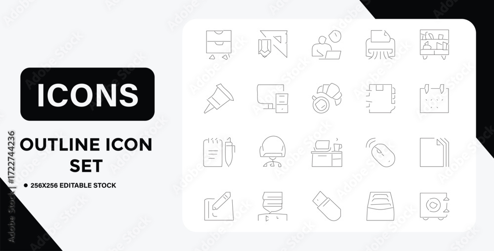 Obraz premium Office and Workplace Outline Icon Set A Collection of Essential Elements