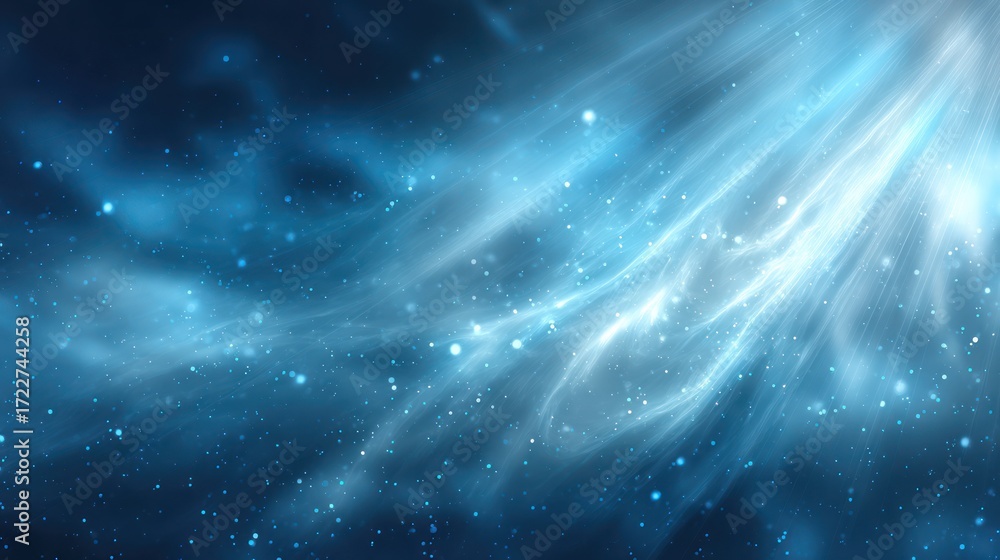 Fototapeta premium Blue, ethereal light streams across dark space filled with glittering particle effects