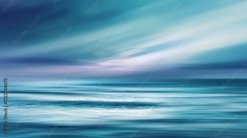 Fototapeta premium An abstract seascape with blurred motion, showcasing a tranquil blend of teal, blue, and purple hues at the horizon, suggesting a serene and dreamy atmosphere