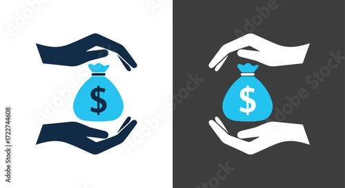 Two hands protect money bag icon financial security and savings concept in two color schemes