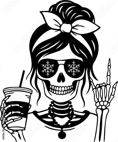 Messy bun mom life coffee with snowflake sunglasses, winter holiday woman silhouette clipart