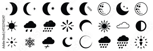 Minimalist Black Weather and Moon Icons,  Vector Collection of Celestial and Climate Symbols – Sun, Moon Phases, Clouds, Rain, Snow, and Star Silhouettes for Graphic and Web Design