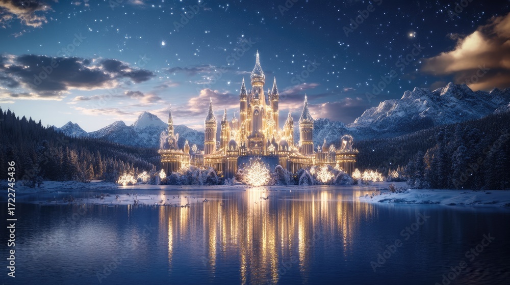 Obraz premium Illuminated Winter Castle Reflecting in Lake Under Starry Night Sky