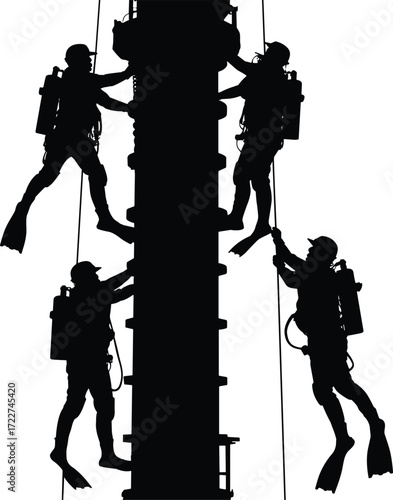 silhouette scuba divers industrial underwater workers climbing structure with ropes safety gear flippers oxygen tanks teamwork marine construction offshore engineering repair inspection