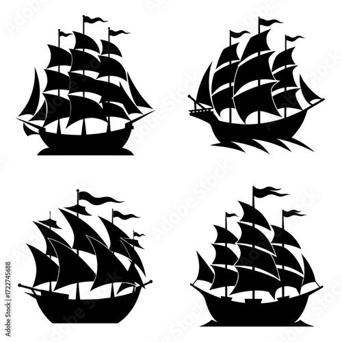 Old Pirate Ship Vector Illustration – Black and White Silhouette Bundle set