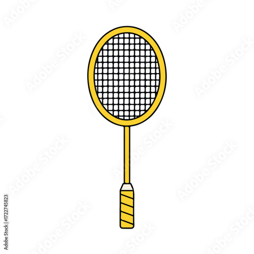 Yellow badminton racket with black strings on white, suitable for sports and recreational designs, posters, and themes related to badminton equipment.